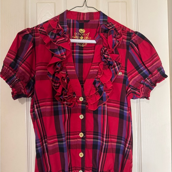 Ecko Red Plaid Ruffle Blouse Sz M - Picture 1 of 2